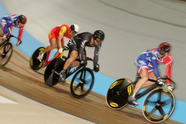 Jason Kenny (GBr) wins his repechage heat of the Keirin from the front.