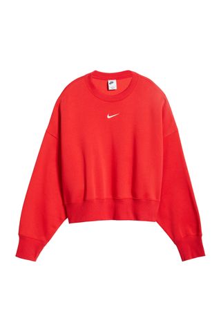 red Nike Phoenix Fleece Crewneck Sweatshirt on white background