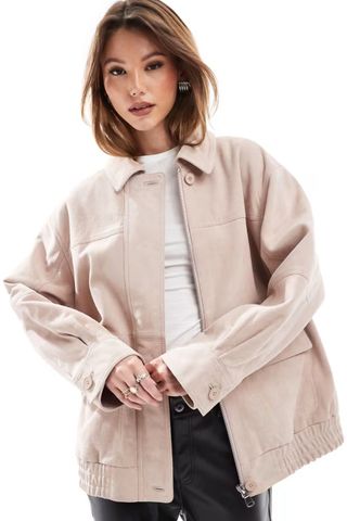 ASOS DESIGN real suede oversized bomber in dusty pink