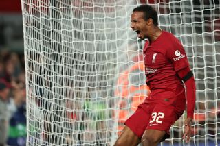 Joel Matip of Liverpool celebrates after scoring a goal to make it 2-1 during the UEFA Champions League group A match between Liverpool FC and AFC Ajax at Anfield on September 13, 2022 in Liverpool, United Kingdom.