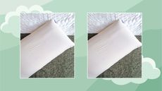 Two pictures of a Purple Harmony pillow on a green and cloudy background