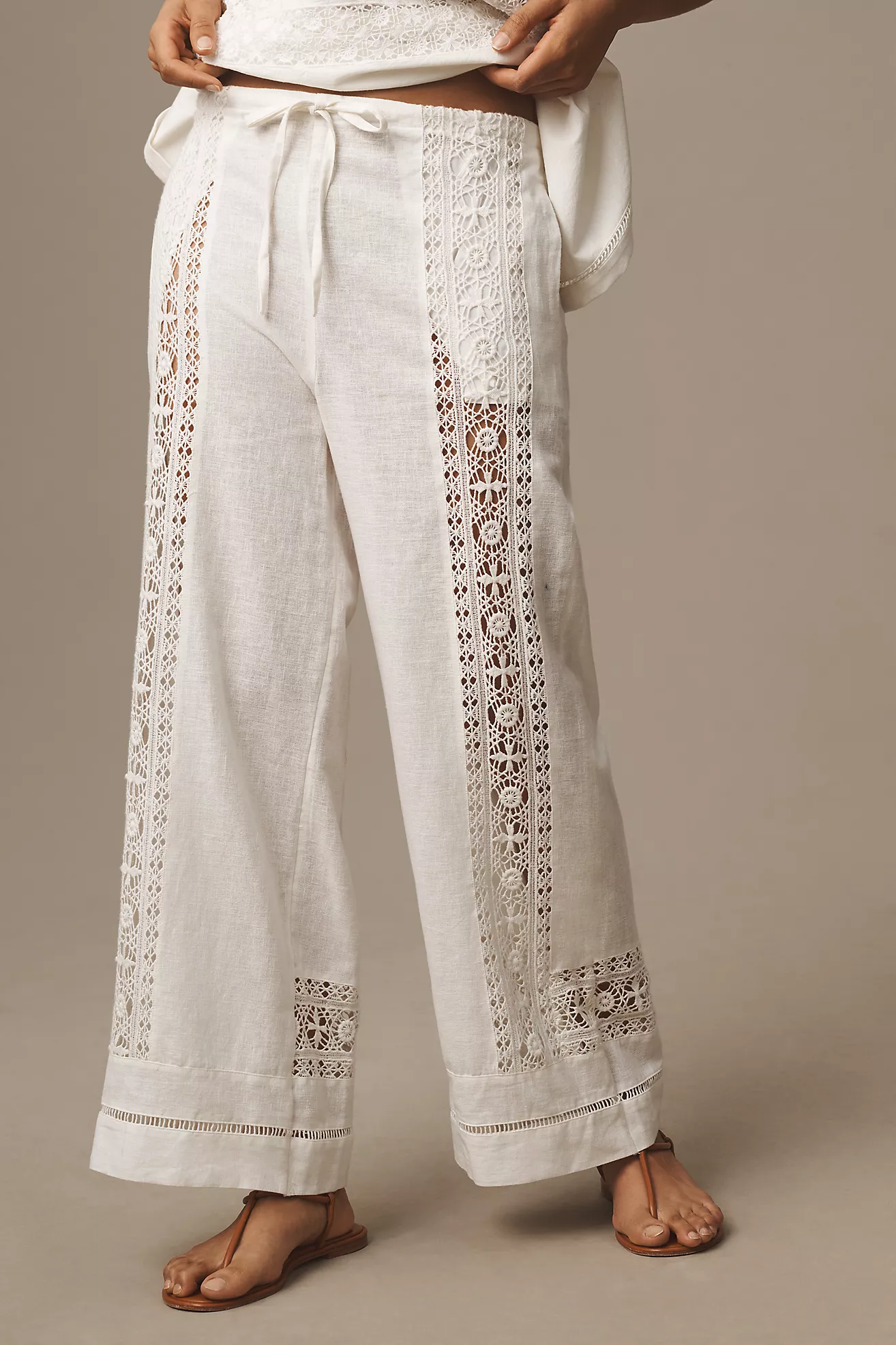By Anthropologie Linen Lace Pull-On Trousers