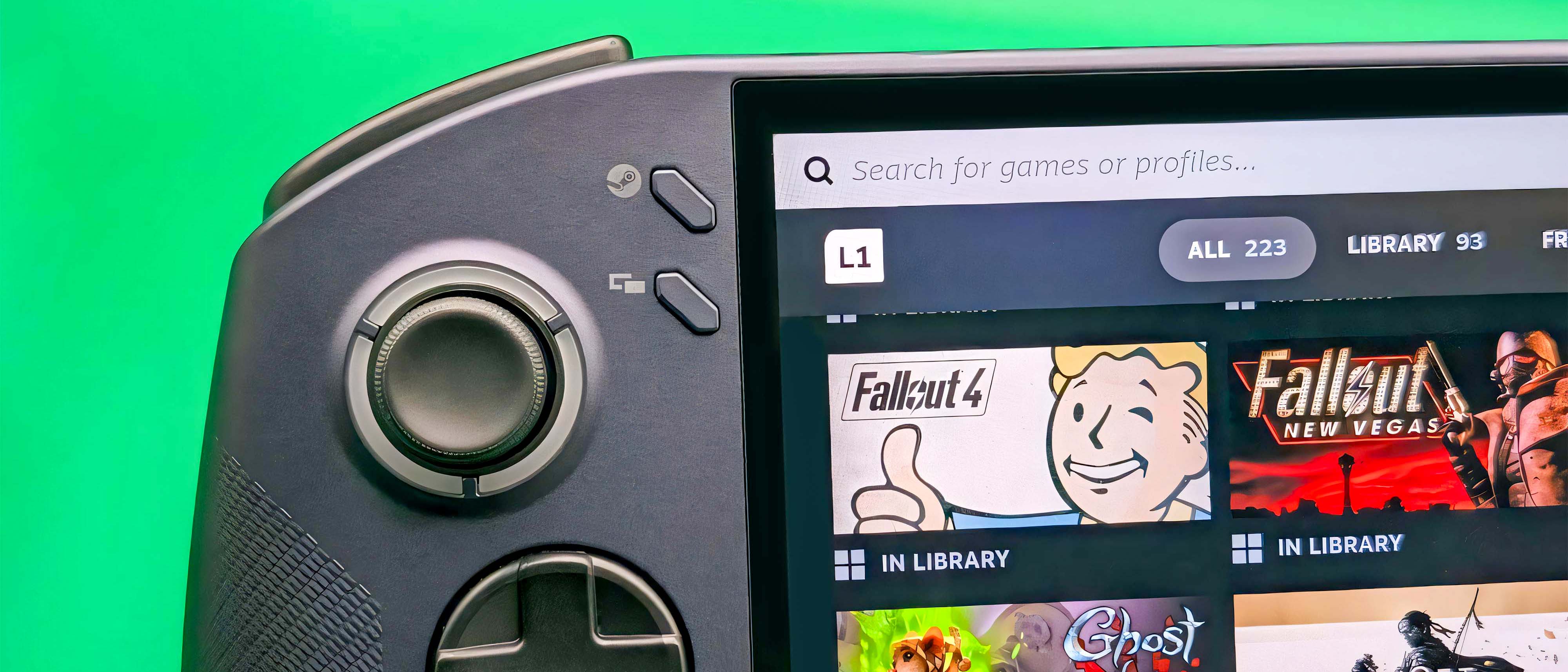A closeup image of the Lenovo Legion Go S SteamOS&#039;s left side controls while it displays a Steam library. 