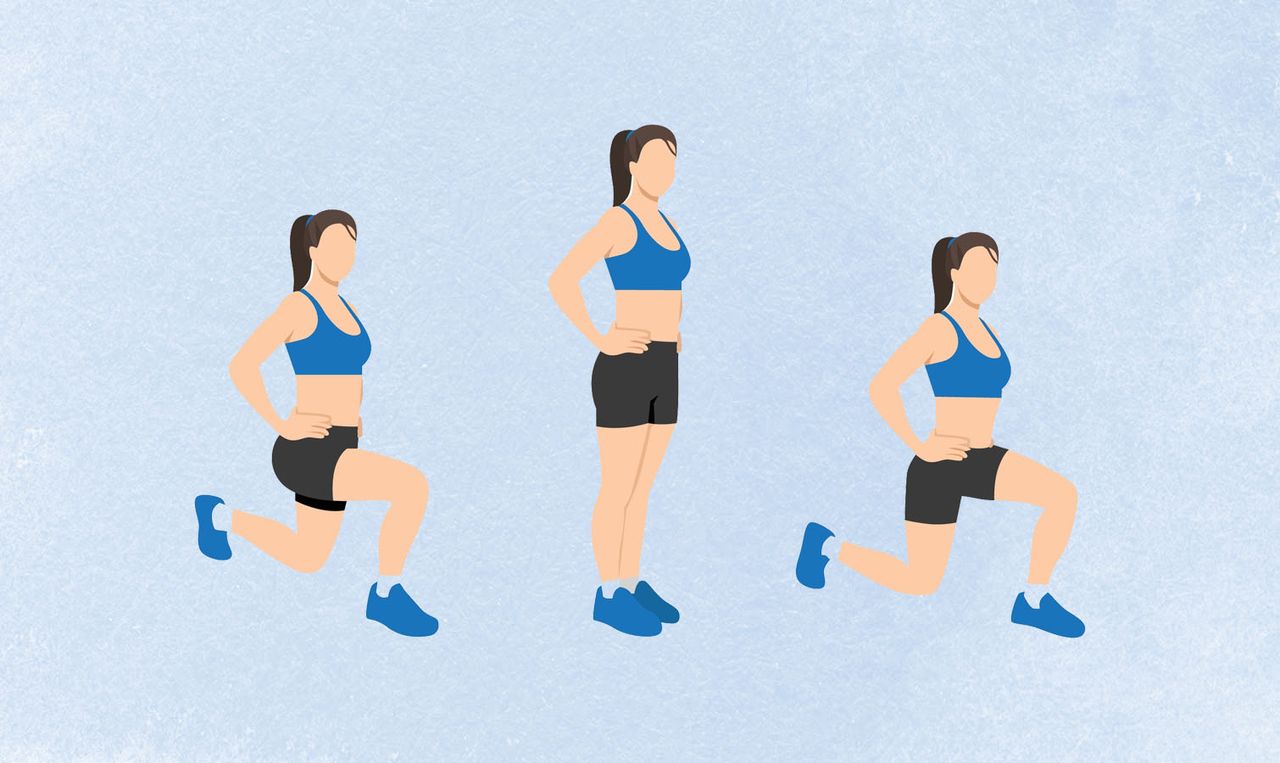 an illo of a woman doing walking lunges