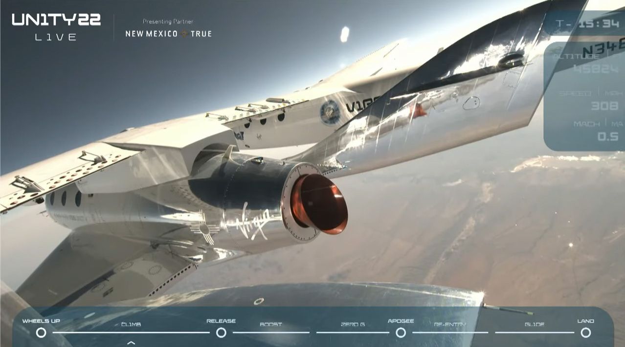 Virgin Galactic's SpaceShipTwo VSS Unity is seen during the ferry flight up to launch altitude during the Unity 22 flight on July 11, 2021.