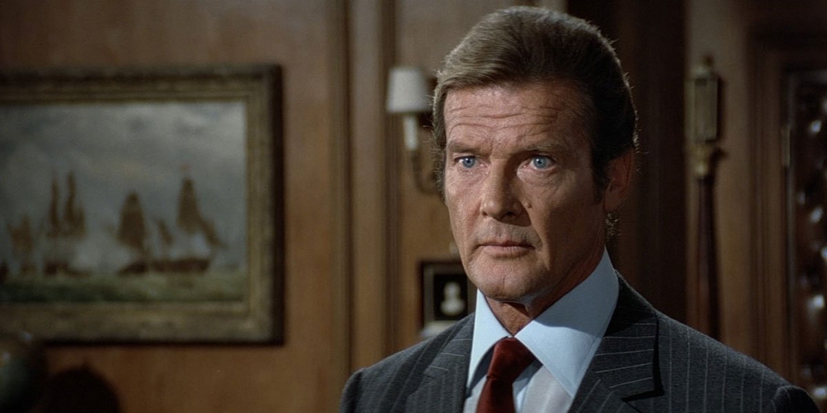 Roger Moore looking intense as James Bond.