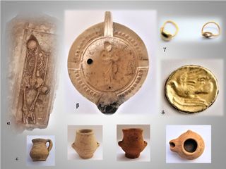 Remains from part of a cemetery unearthed at Tenea held a burial, a ceramic vessel with engraving of a woman, the remains of a gold ring, a gold coin with a bird engraved on it and several pieces of pottery.