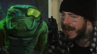 Ray Fillet in Teenage Mutant Ninja Turtles: Mutant Mayhem and Post Malone in Wrath of Man, pictured side by side.