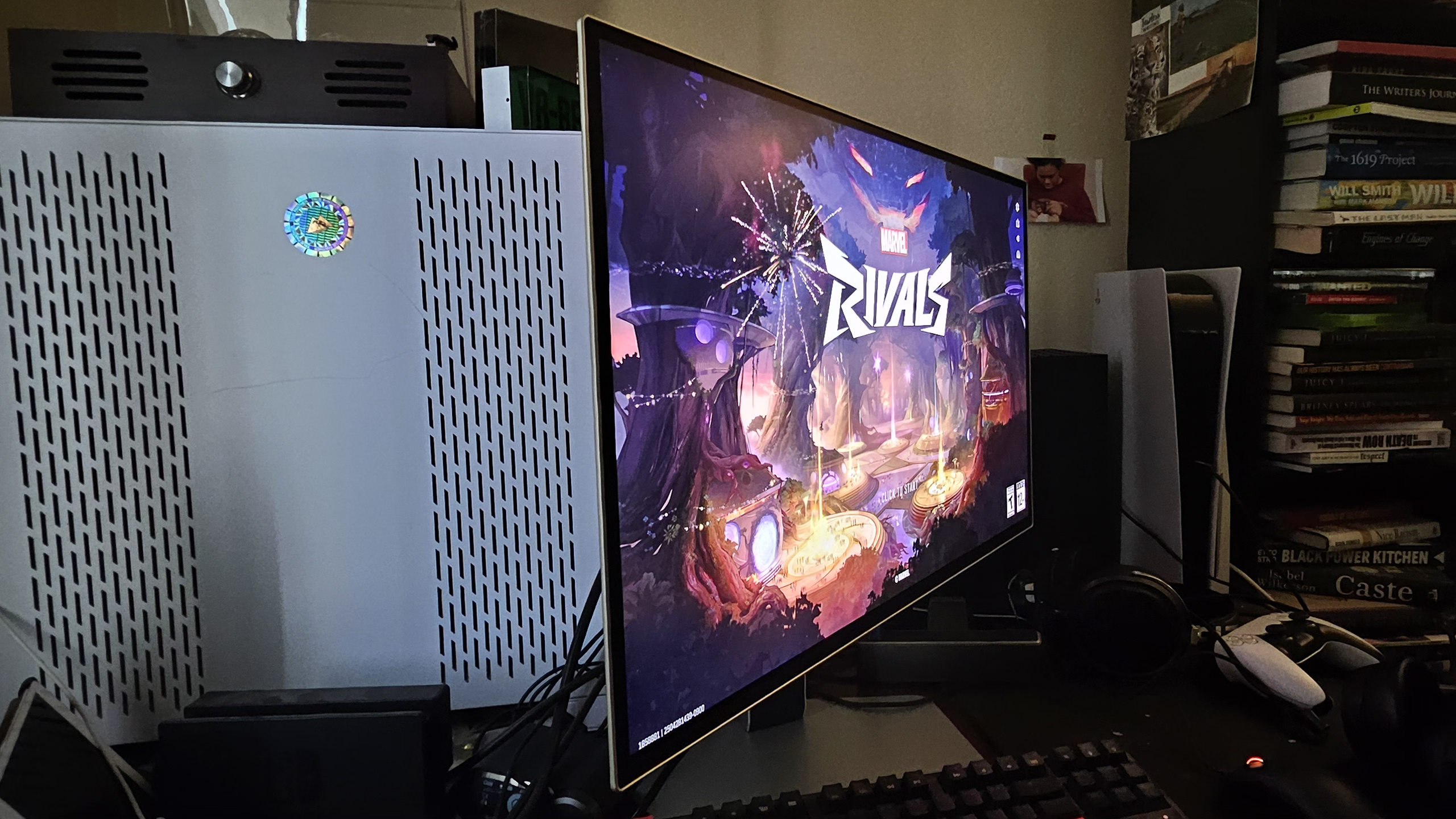 Samsung Odyssey OLED G81SF gaming monitor resting on a desk with Marvel Rivals open