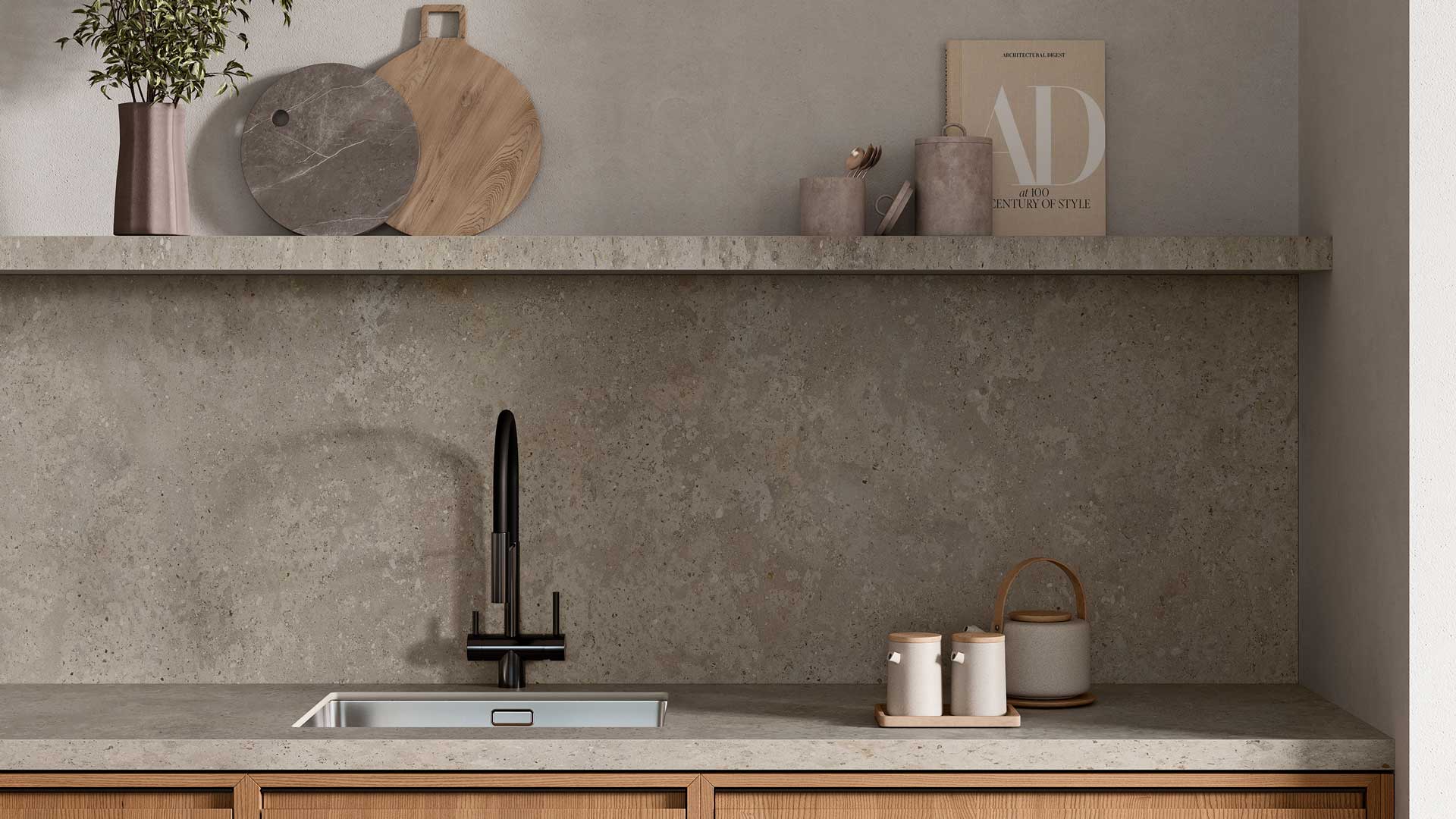 grey concrete worktop and splashback with open shelf