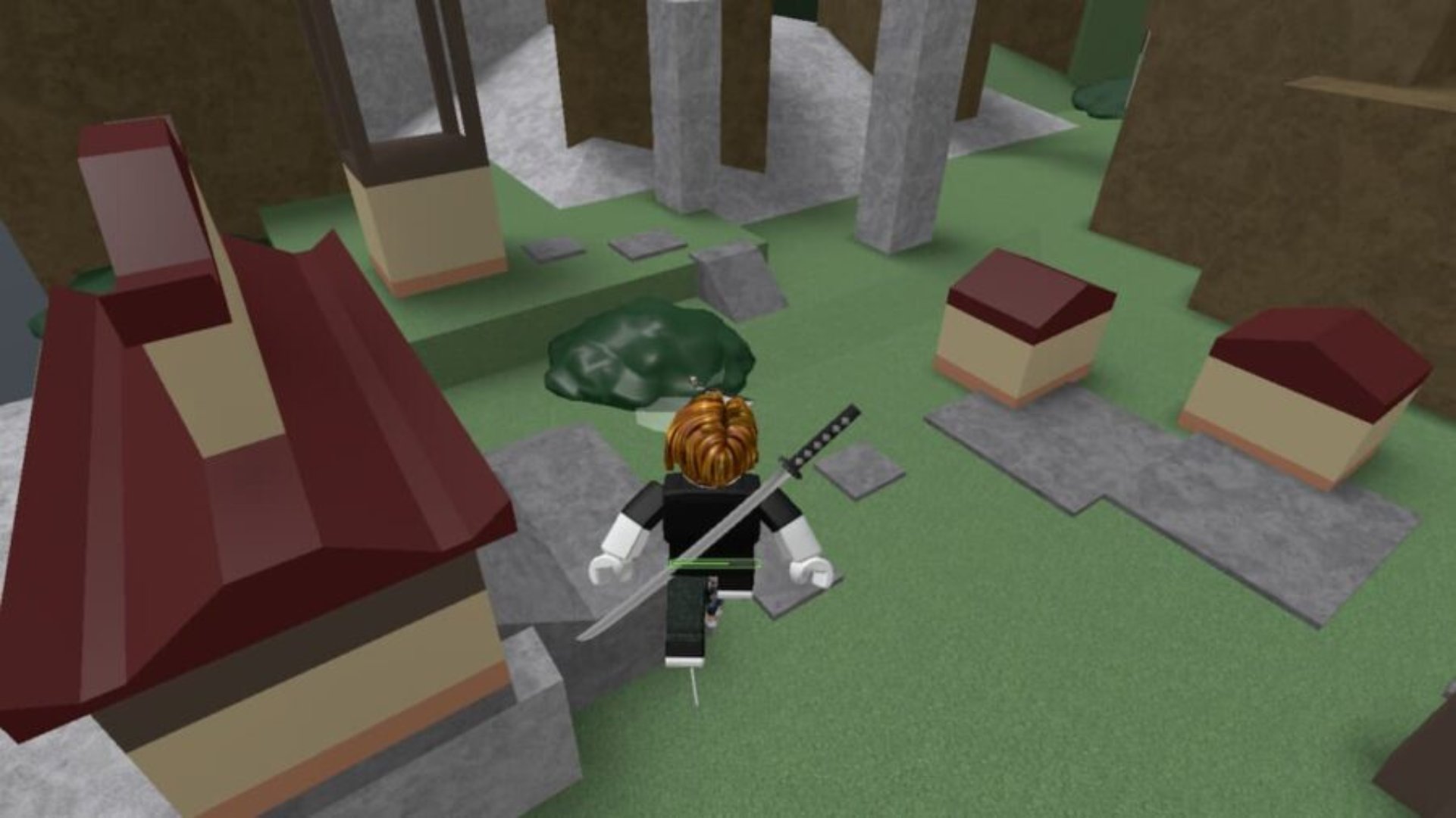 mejores juegos de Roblox: un jugador de Roblox con una espada larga en la espalda en un bosque