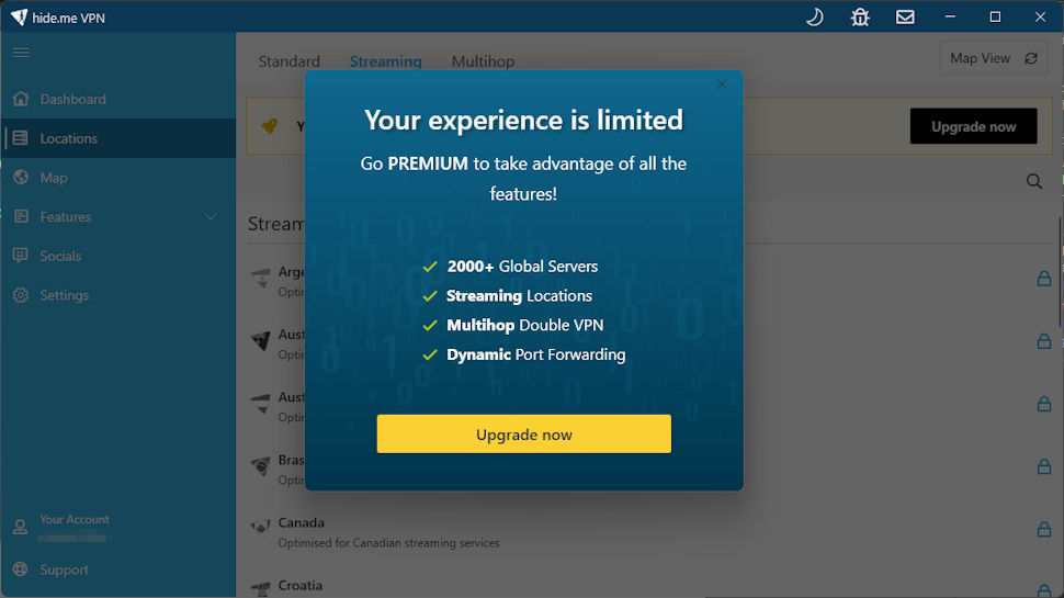 Hideme.Free upselling notice