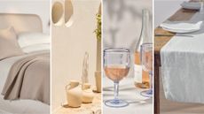 A merino woll throw, terracotta vase, wine glass, and linen tablecloth in the white company sale
