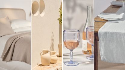 A merino woll throw, terracotta vase, wine glass, and linen tablecloth in the white company sale