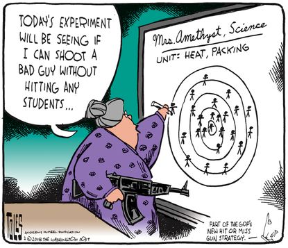 Political cartoon U.S. Gun violence school shootings arming teachers