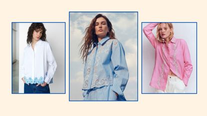 three models wearing embroidered shirts