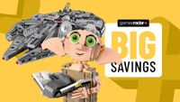 Lego Dobby and Millennium Falcon on a yellow background beside a 'big savings' badge