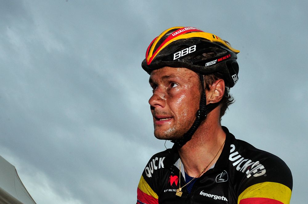 Second place in the 101st Milan-San Remo spring classic, Tom Boonen of Belgium, reacts at the end of the race.
