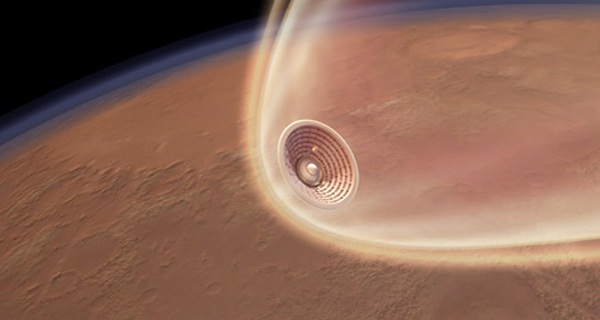 An artist&#039;s concept of an inflatable heat shield slowing a spacecraft for a Mars landing.