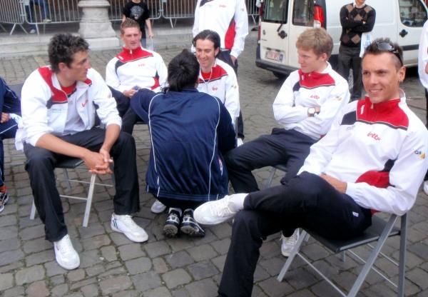 Philippe Gilbert kicks back with his Omega Pharma-Lotto teammates in Li&egrave;ge