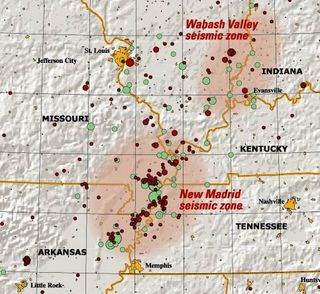 A map of the New Madrid and Wabash Valley seismic zones shows earthquakes as circles. Red circles indicate earthquakes that occurred from 1974 to 2002 with magnitudes larger than 2.5 located using modern instruments. Green circles denote earthquakes that occurred prior to 1974.