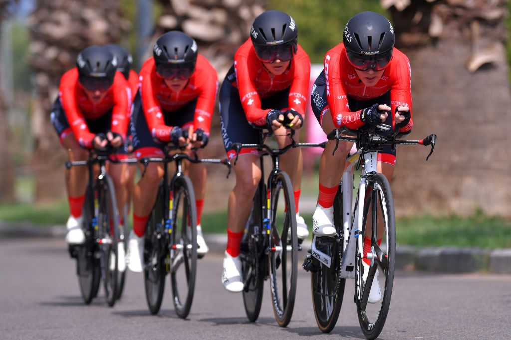 GROSSETO ITALY SEPTEMBER 11 Olga Zabelinskaya of Uzbekistan Amber Neben of The United States Mariia Novolodskaia of Russia Mariia Miliaeva of Russia Diana Klimova of Russia and Noemi Ruegg of Switzerland and Cogeas Mettler Look Pro Cycling Team during the 31st Giro dItalia Internazionale Femminile 2020 Stage 1 a 168km Team Time Trial from Grosseto to Grosseto TTT GiroRosaIccrea GiroRosa on September 11 2020 in Grosseto Italy Photo by Luc ClaessenGetty Images