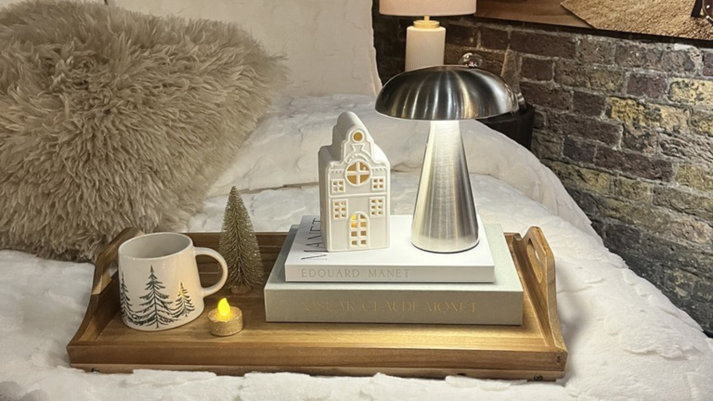 Home Style USB Mushroom Led Touch Lamp Silver on wood tray on cosy bed.