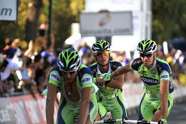 Liquigas riders congratulate one another after learning their man brought home a win for the team.
