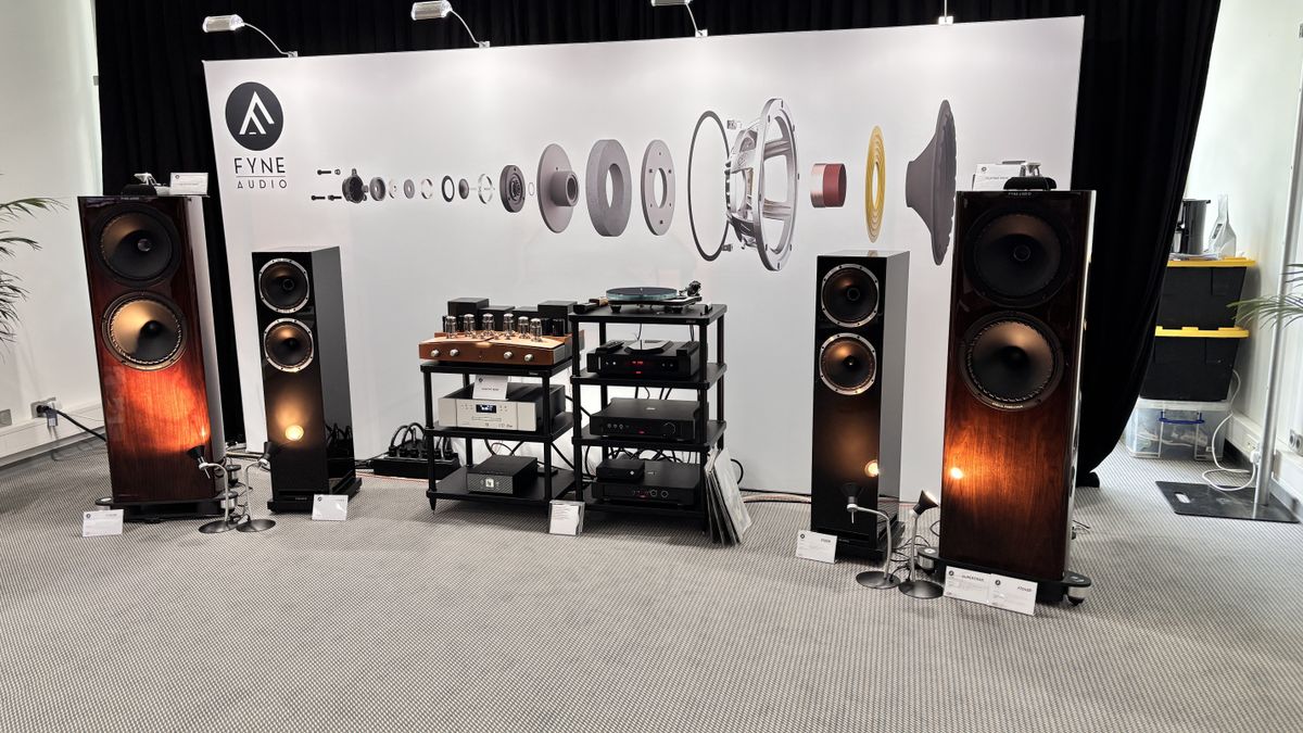 Fyne Audio F704SP floorstanders in a gloss walnut finish