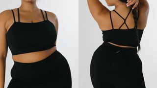 Two images of a woman wearing the TALA Solasta bra.