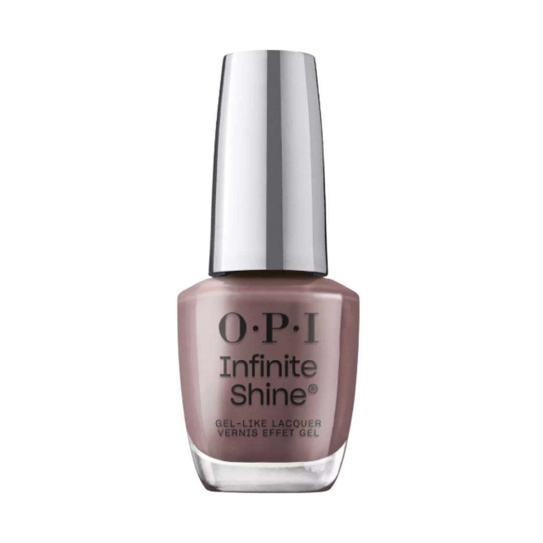 A product shot of the OPI Infinite Shine Gel-Like Lacquer Nail Polish in Shade You Don&#039;t Know Jacques (a grey-brown taupe), on a white background