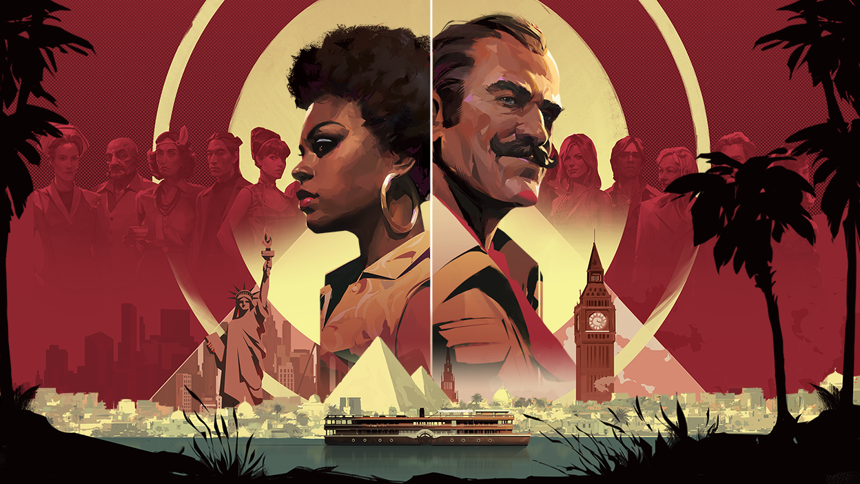 Death on the Nile art direction; a painting of male and female characters over the Egyptian landscape