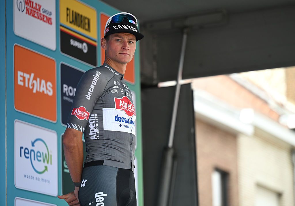 GERAARDSBERGEN, BELGIUM - AUGUST 22: Mathieu Van Der Poel of Netherlands and Team Alpedin - Deceuninck celebrates at podium as stage winner during the 20th Renewi Tour 2025, Stage 3 a 181.8km stage from Aalter to Geraardsbergen / #UCIWT / on August 22, 2025 in Geraardsbergen, Belgium. (Photo by Luc Claessen/Getty Images)