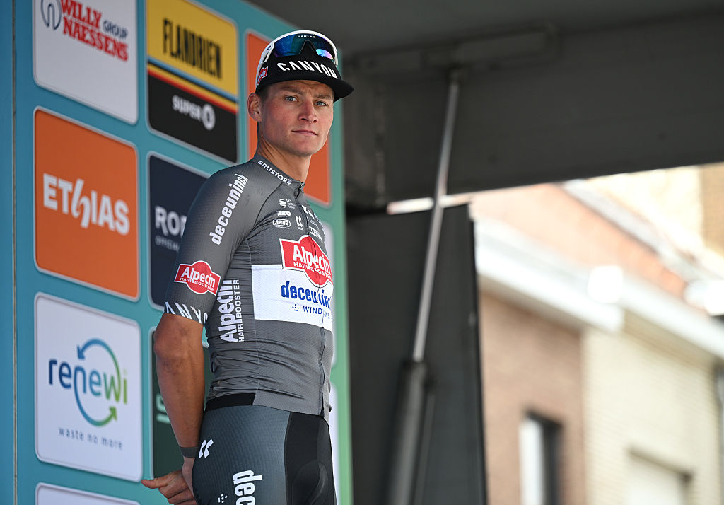 GERAARDSBERGEN, BELGIUM - AUGUST 22: Mathieu Van Der Poel of Netherlands and Team Alpedin - Deceuninck celebrates at podium as stage winner during the 20th Renewi Tour 2025, Stage 3 a 181.8km stage from Aalter to Geraardsbergen / #UCIWT / on August 22, 2025 in Geraardsbergen, Belgium. (Photo by Luc Claessen/Getty Images)