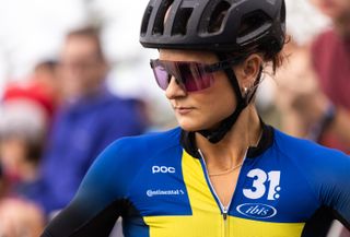 SNOWSHOE, WV - JULY 29: Jenny Rissveds of Sweden on the starting line before the start of the women's UCI World Cup cross-country short track mountain bike race on July 29, 2022 in Snowshoe, West Virginia. (Photo by Dustin Satloff/Getty Images)