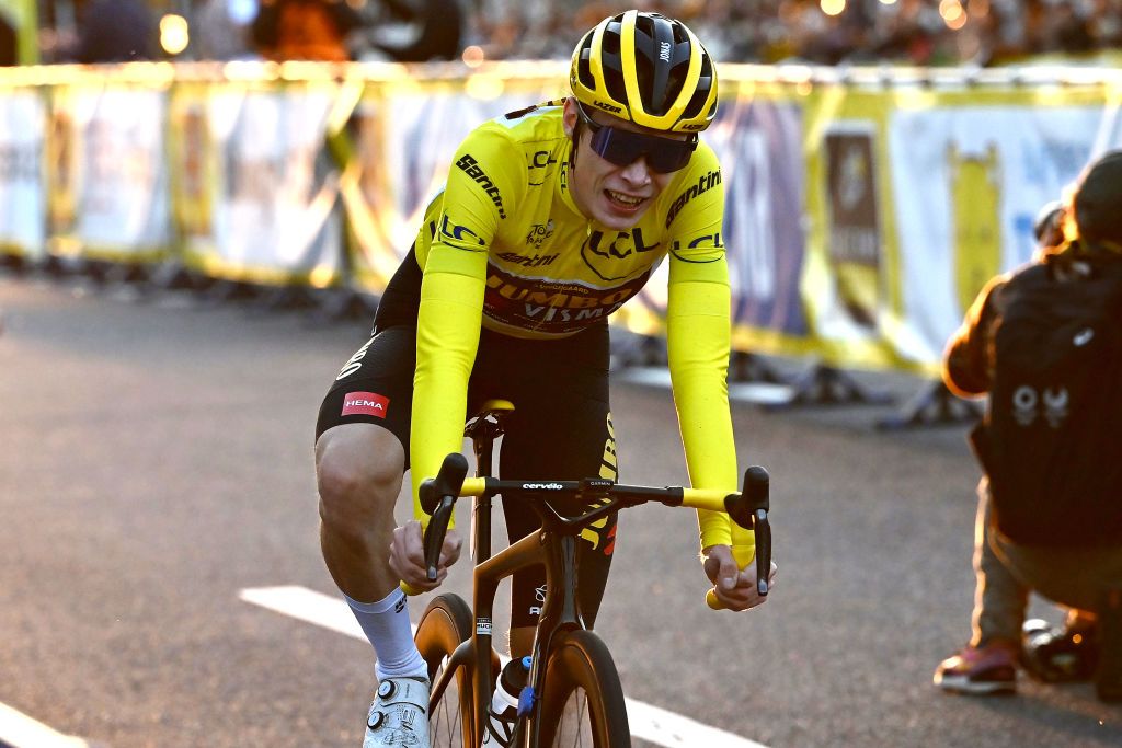 SAITAMA JAPAN NOVEMBER 06 Jonas Vingegaard of Denmark and Team JumboVisma Yellow Leader Jersey crosses the finish line during the 8th Tour de France Saitama Criterium 2022 Criterium Race a 595km one day race from Saitama to Saitama SaitamaCriterium on November 06 2022 in Saitama Japan Photo by Kenta HaradaGetty Images