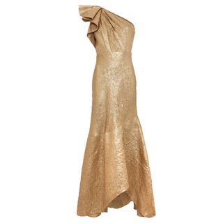 Image of a one shoulder gold dress from Phase Eight