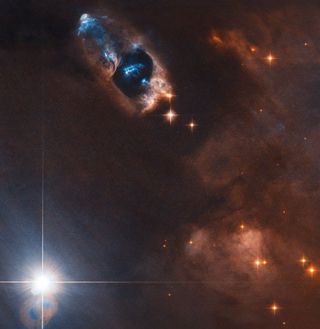 These blue splotches of interstellar dust and gas, lurking 1,000 light-years away in the constellation Perseus, are the "smoking gun" of a newborn star. Known as Herbig-Haro objects, these short-lived clouds form when ionized gas ejected from a newborn star collides with dust and gas in the surrounding nebula. The new star, named SVS 13, is located in the top left of this image from the Hubble Space Telescope.