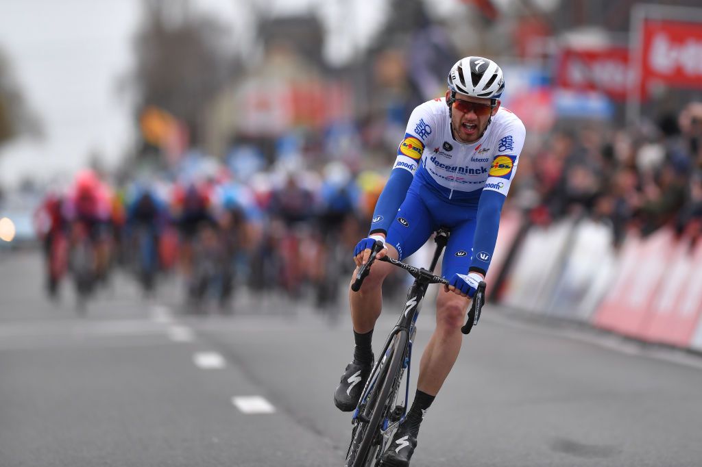 KUURNE BELGIUM MARCH 01 Arrival Kasper Asgreen of Denmark and Team DeceuninckQuickstep Celebration during the 72nd KuurneBrusselKuurne 2020 a 201km race from Kuurne to Kuurne KBK20 KuurneBxlKuurne KBK on March 01 2020 in Kuurne Belgium Photo by Tim de WaeleGetty Images