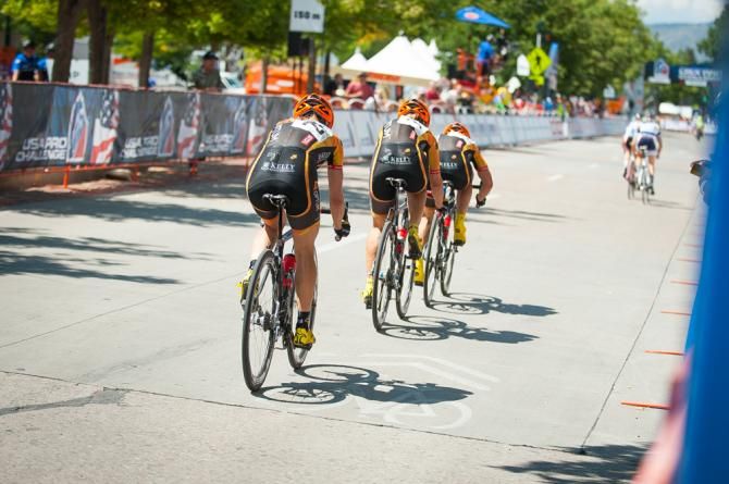 Three Optum riders form a chase group and start the process of reeling in the break a few seconds up the road.