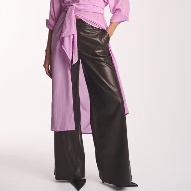 brown leather wide leg trousers