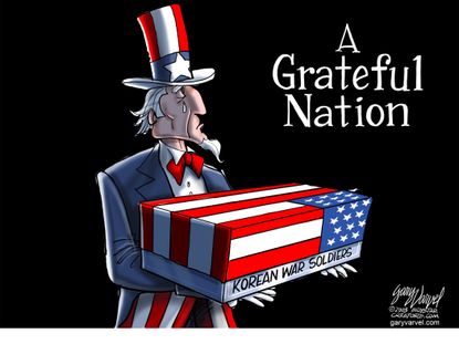 Editorial cartoon U.S. Uncle Sam Korean War soldiers veterans grateful