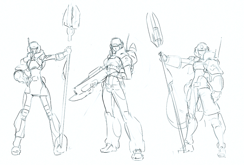A drawing of a sci-fi character in different poses