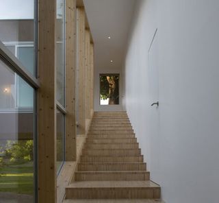 An internal staircase runs parallel to the extension’s inner outline, accommodating the structure’s soft inclination