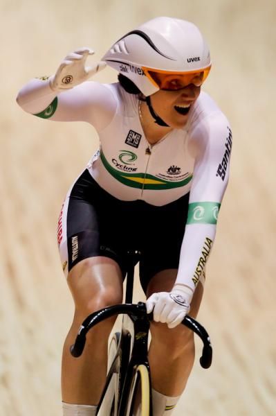 A surprised looking Anna Meares after breaking the record