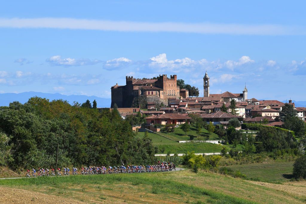 TURIN ITALY AUGUST 05 Castello Dei Conti Calvi Di Bergolo Montemagno Village Castle Peloton Landscape during the 101st Milano Torino 2020 a 198km race from Mesero to Stupinigi Turin MilanoTorino on August 05 2020 in Stupinigi Turin Italy Photo by Tim de WaeleGetty Images