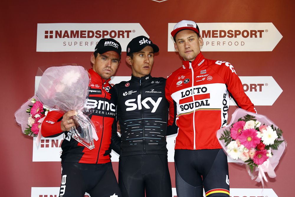 2017 Strade Bianche podium: Greg Van Avermaet, Michal Kwiatkowski and Tim Wellens