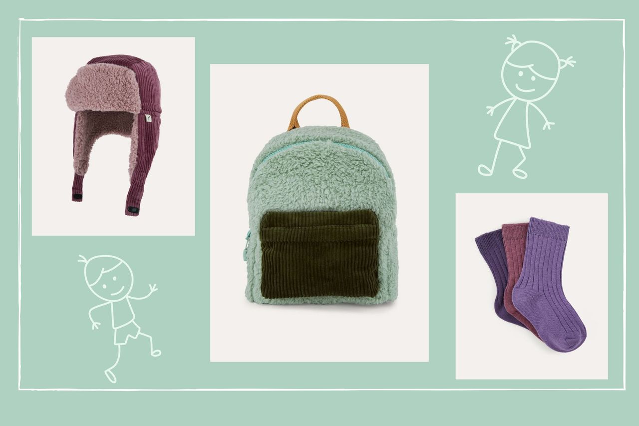 A selection of items in the Kidly sale, including a hat, a trio of ribbed kids&#039; socks and a child&#039;s backpack