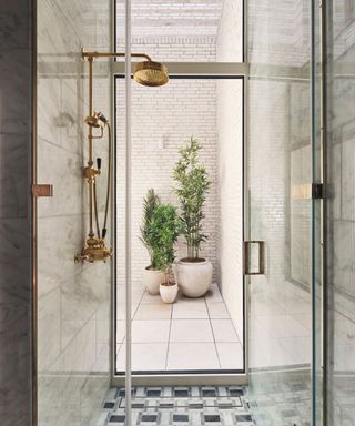 Gold rainforest shower head, glass window