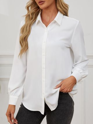 Womens Button Down Shirts Long Sleeve Blouse Collared Chiffon Loose Pleated Casual Business Office Work Tops White